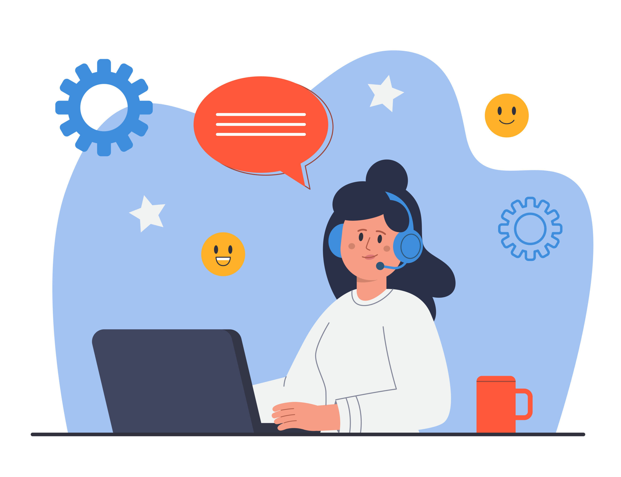 female customer service worker sitting at laptop